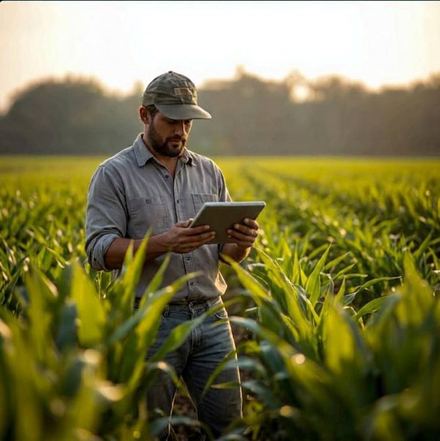 A producer checking records on a tablet in a crop paddock